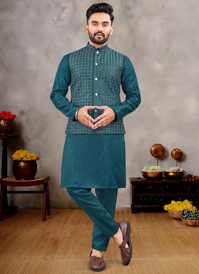 Banglori Silk Peacock Ceremonial Wear Sequins Work Readymade Modi Jacket Kurta Pajama